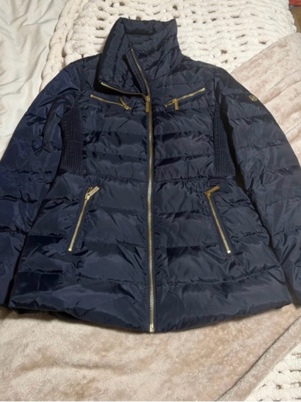 Michael Kors Navy Quilted Puffer Jacket with Gold Hardware